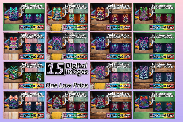 15x Ready-Made Mug Wrap , Neon Xmas Sublimation afrosvg 
