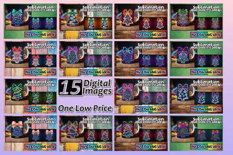15x Ready-Made Mug Wrap , Neon Xmas Sublimation afrosvg 