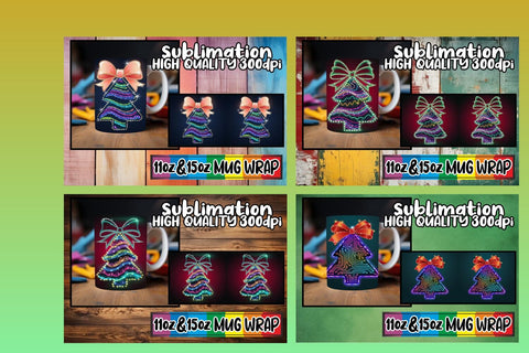 15x Ready-Made Mug Wrap , Neon Xmas Sublimation afrosvg 