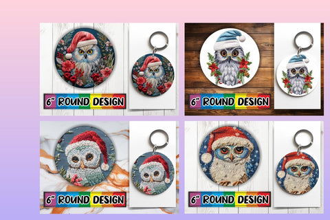 15x Round Car Coaster Design Pack , Xmas Owl Sublimation afrosvg 