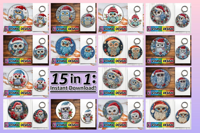 15x Round Car Coaster Design Pack , Xmas Owl Sublimation afrosvg 