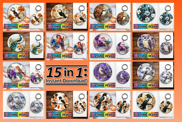15x Round Coaster Design Pack for Sublimation , 3D Bird Sublimation afrosvg 