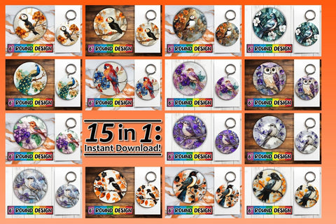 15x Round Coaster Design Pack for Sublimation , 3D Bird Sublimation afrosvg 