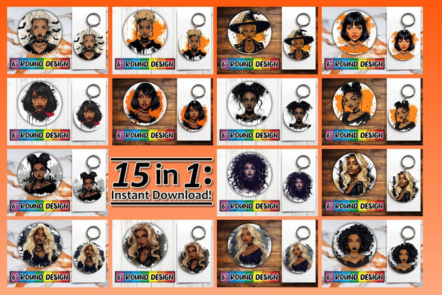 15x Round Coaster & Keychain Design Set , Halloween Sublimation afrosvg 