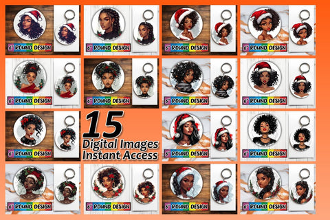 15x Round Coaster & Keychain Sublimation , Xmas Girl Sublimation afrosvg 