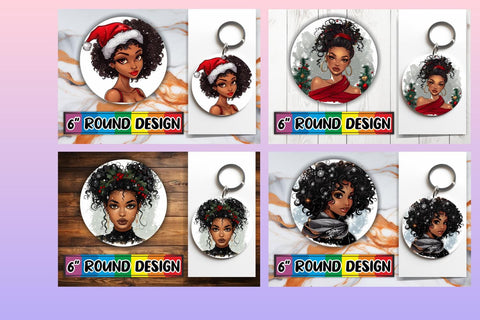 15x Round Coaster & Keychain Sublimation , Xmas Girl Sublimation afrosvg 