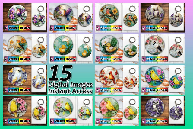 15x Round Design Bundle for Coasters & Keychains , 3D Bird Sublimation afrosvg 