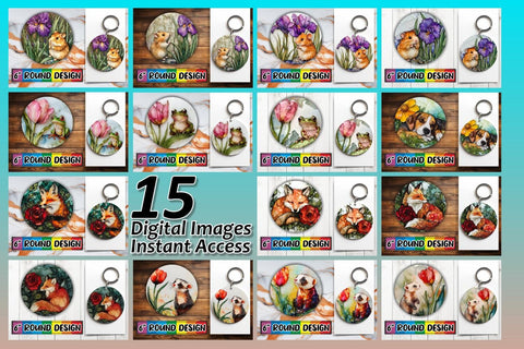 15x Round Design Keychain Set , Animals Sublimation afrosvg 