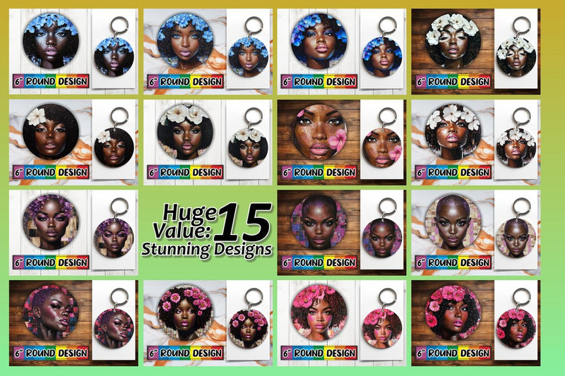15x Round Design Keychain Set , Woman Sublimation afrosvg 