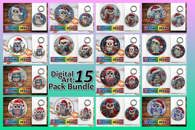 15x Round Design Sublimation Kit , Xmas Owl Sublimation afrosvg 