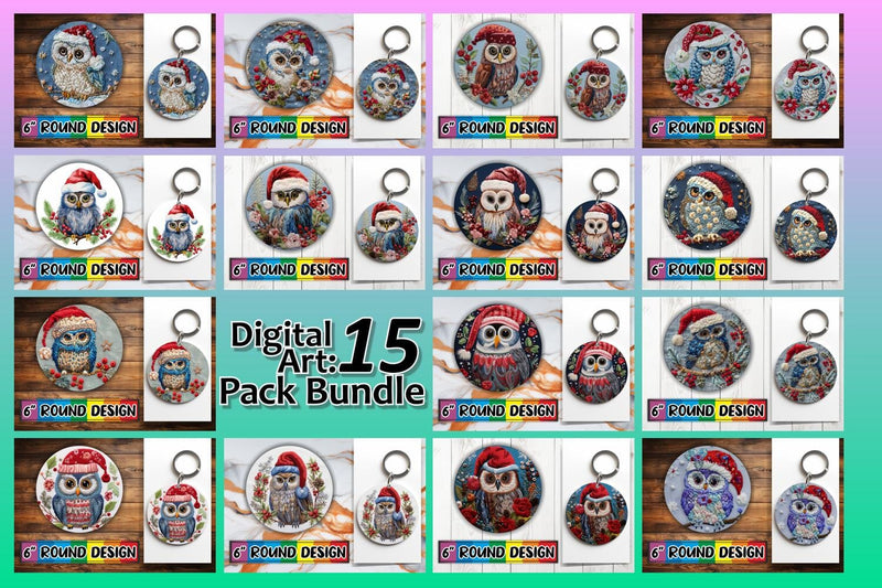 15x Round Design Sublimation Kit , Xmas Owl Sublimation afrosvg 