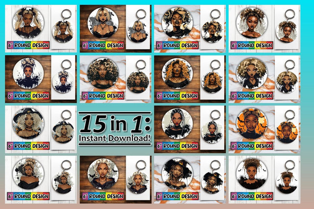 15x Round Keychain Bundle for Sublimation , Halloween Sublimation afrosvg 
