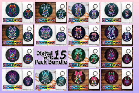 15x Round Keychain & Coaster Pack , Neon Xmas Sublimation afrosvg 