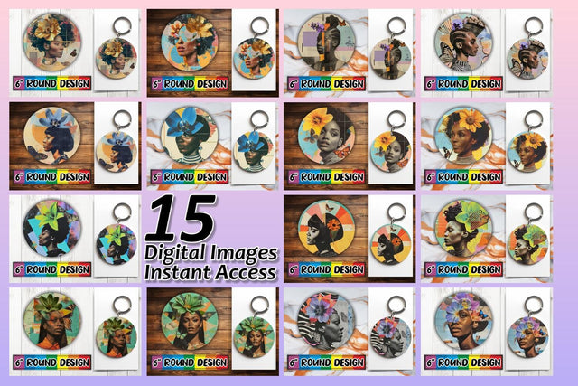15x Round Keychain & Coaster Pack , Woman Sublimation afrosvg 