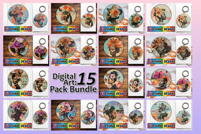 15x Round Keychain Design Set , Woman Sublimation afrosvg 