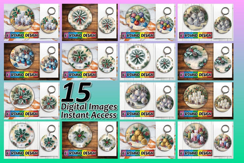 15x Round Keychain Design Sublimation Set , Christmas Sublimation afrosvg 