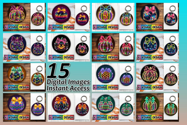 15x Round Keychain Sublimation Design Set , Neon Fall Sublimation afrosvg 