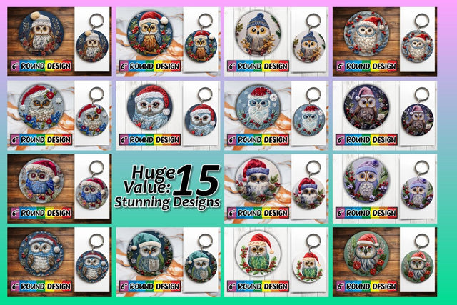 15x Round Keychain Sublimation Set , Xmas Owl Sublimation afrosvg 