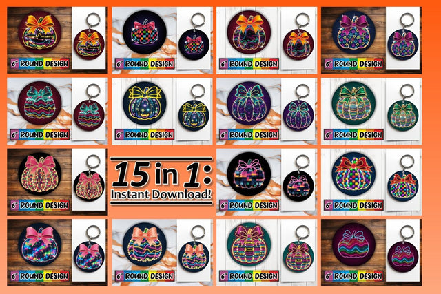 15x Round Sublimation Keychain Designs , Neon Fall Sublimation afrosvg 