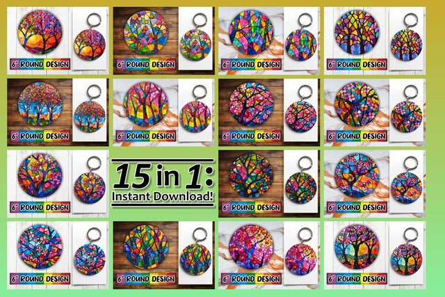 15x Round Sublimation Keychain Pack , Stained Glass Sublimation afrosvg 