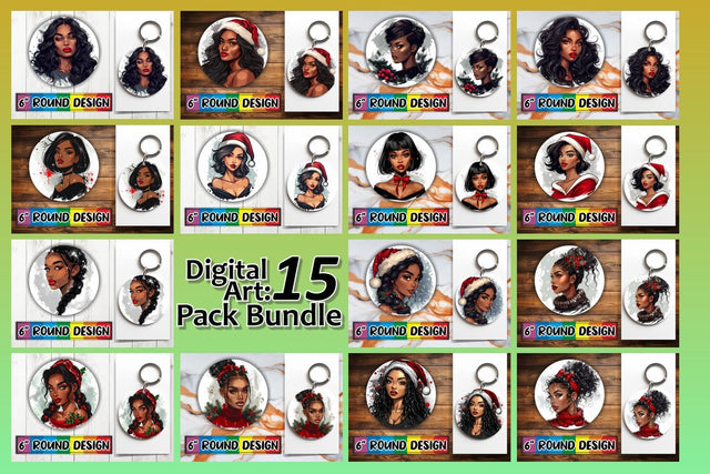 15x Round Sublimation Keychain Pack , Xmas Girl Sublimation afrosvg 