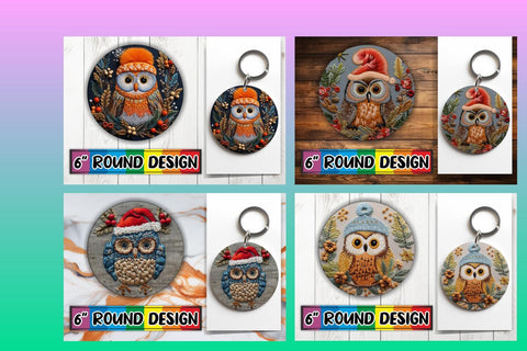 15x Sublimation Round Keychain Pack , Xmas Owl Sublimation afrosvg 