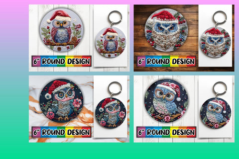 15x Sublimation Round Keychain Pack , Xmas Owl Sublimation afrosvg 