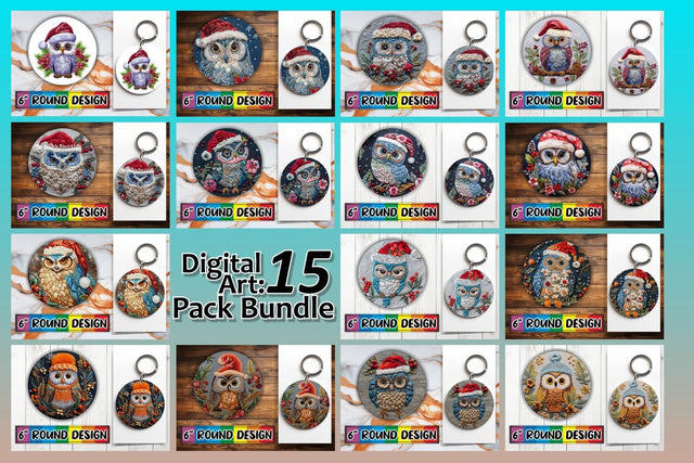 15x Sublimation Round Keychain Pack , Xmas Owl Sublimation afrosvg 