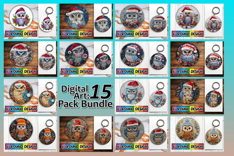 15x Sublimation Round Keychain Pack , Xmas Owl Sublimation afrosvg 