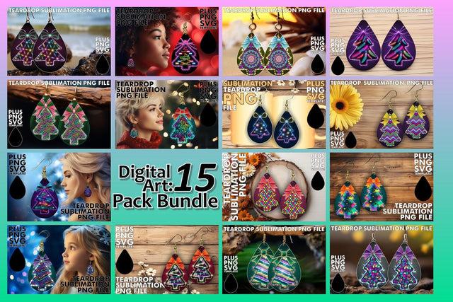 15x Teardrop Earring Bundle for Crafts , Neon Xmas Sublimation afrosvg 