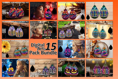 15x Teardrop Earring Bundle Set for Crafts , Neon Fall Sublimation afrosvg 
