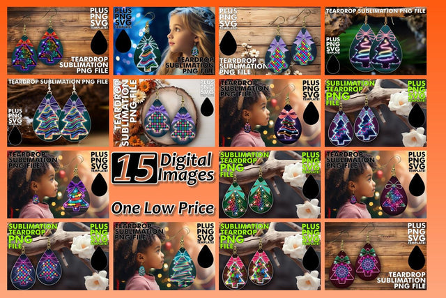 15x Teardrop Earring Design Set Collection , Neon Xmas Sublimation afrosvg 