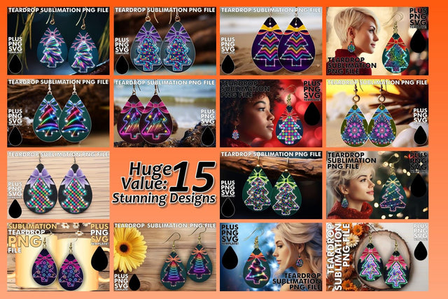 15x Teardrop Earrings Design Collection , Neon Xmas Sublimation afrosvg 
