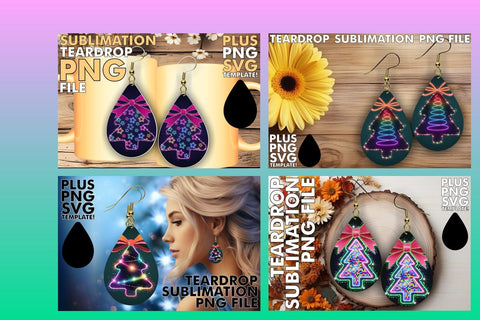 15x Teardrop Earrings Design Collection , Neon Xmas Sublimation afrosvg 