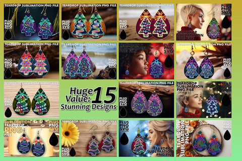 15x Teardrop Earrings Design Kit Set , Neon Xmas Sublimation afrosvg 