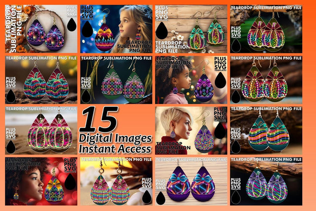 15x Teardrop Earrings for Personalized , Neon Fall Sublimation afrosvg 