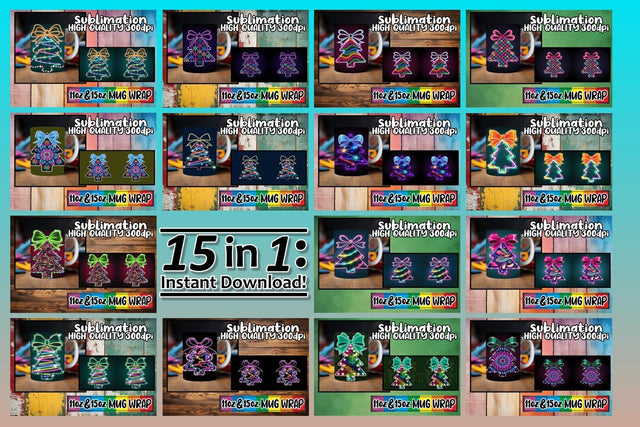 15x Trendy Mug Wrap , Neon Xmas Sublimation afrosvg 