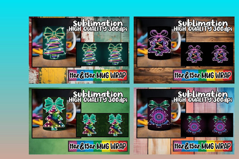 15x Trendy Mug Wrap , Neon Xmas Sublimation afrosvg 