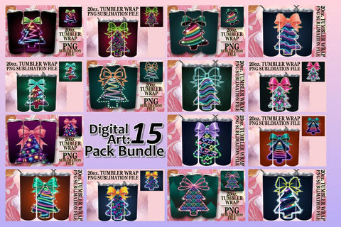 15x Tumbler Wrap Bundle for 20oz Design , Neon Xmas Sublimation afrosvg 