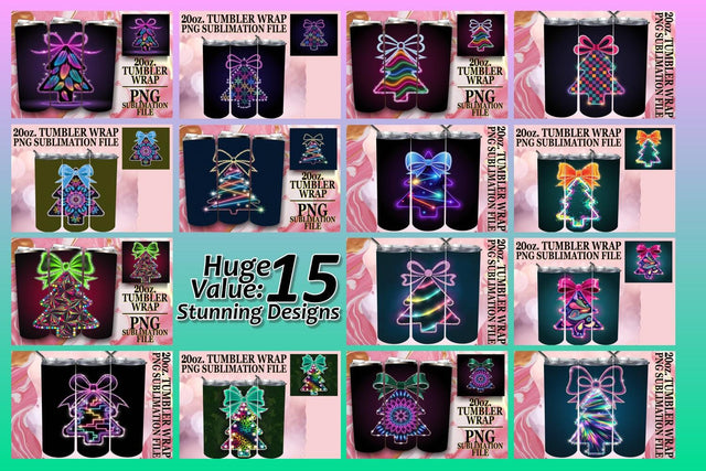 15x Tumbler Wrap Design Sublimation 20oz , Neon Xmas Sublimation afrosvg 