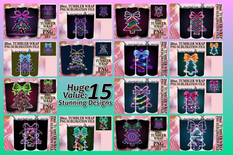 15x Tumbler Wrap Design Sublimation 20oz , Neon Xmas Sublimation afrosvg 