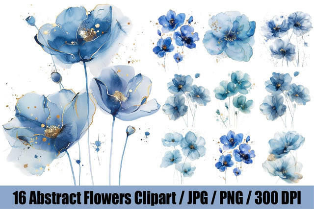 16 Blue Watercolor Floral Clipart Bundle, Abstract Flowers Sublimation Paper Switch 