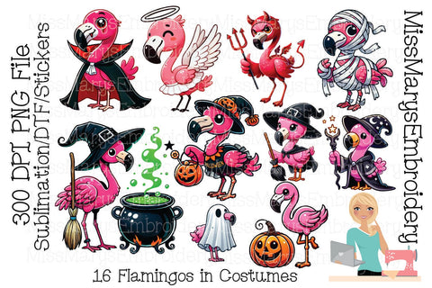 16 Flamingos in Halloween Costumes | Halloween Clipart | Flamingo PNG Sublimation MissMarysEmbroidery 