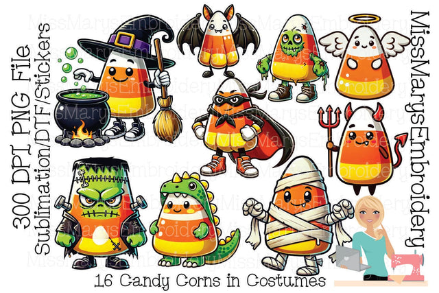 16 Halloween Candy Corns in Costumes | Halloween Clipart | Candy Corn PNG Sublimation MissMarysEmbroidery 