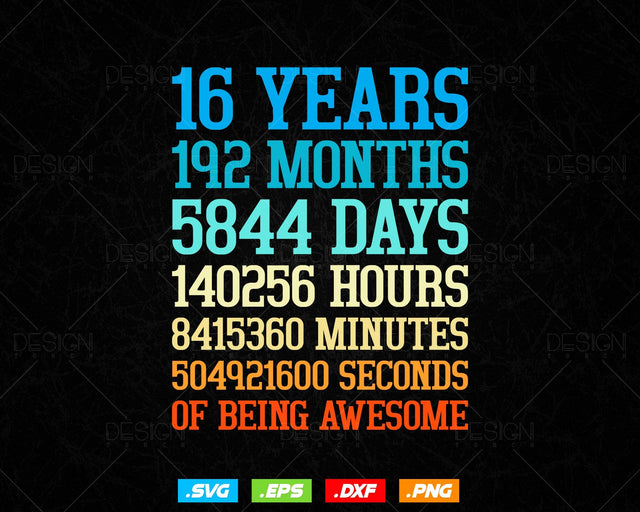 16 Years Of Being Awesome Birthday Svg Png, Retro Vintage Style Happy Birthday Gifts T Shirt Design, Teenager Birthday Gift, Birthday Crew SVG DesignDestine 