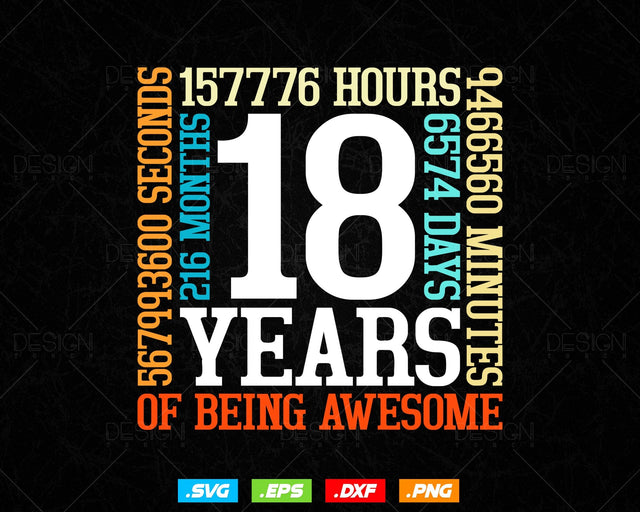 18 Years Of Being Awesome Birthday Svg Png, Retro Vintage Style Happy Birthday Gifts T Shirt Design, Birthday gift svg files for cricut SVG DesignDestine 