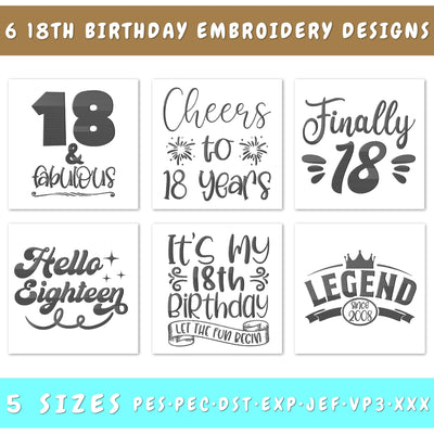 18th Birthday Embroidery Designs Bundle - 6 Designs, 18th Birthday Embroidery Patterns, 18th Birthday PES Files, 18th Birthday Embroidery Files Embroidery/Applique DESIGNS HappyDesignStudio 