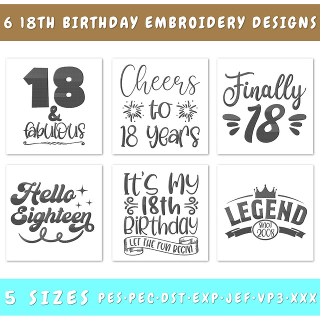 18th Birthday Embroidery Designs Bundle - 6 Designs, 18th Birthday Embroidery Patterns, 18th Birthday PES Files, 18th Birthday Embroidery Files Embroidery/Applique DESIGNS HappyDesignStudio 