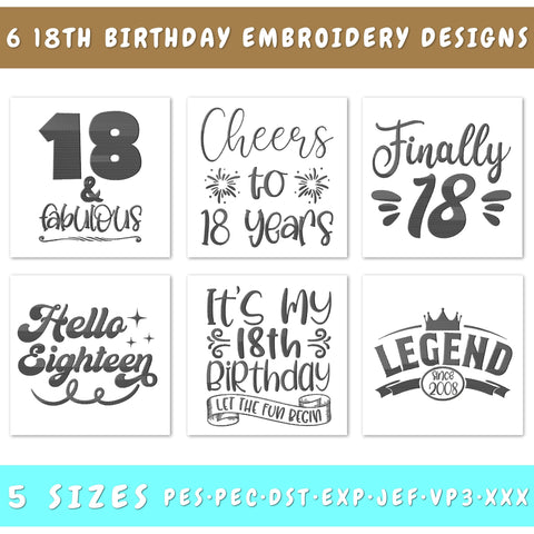 18th Birthday Embroidery Designs Bundle - 6 Designs, 18th Birthday Embroidery Patterns, 18th Birthday PES Files, 18th Birthday Embroidery Files Embroidery/Applique DESIGNS HappyDesignStudio 