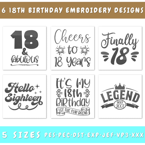 18th Birthday Embroidery Designs Bundle - 6 Designs, 18th Birthday Embroidery Patterns, 18th Birthday PES Files, 18th Birthday Embroidery Files Embroidery/Applique DESIGNS HappyDesignStudio 